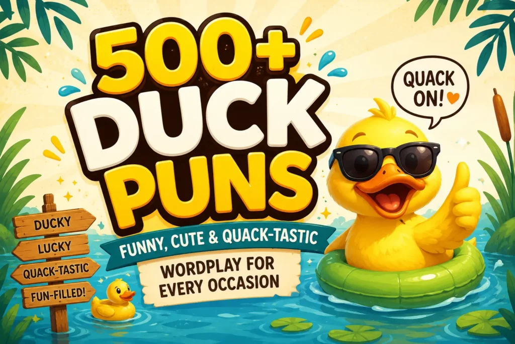 A vibrant hand-painted wooden sign reading 500+ Hilarious Duck Puns: Funny, Cute & Quack-tastic Wordplay for Every Occasion surrounded by colorful cartoon ducks and flowers.