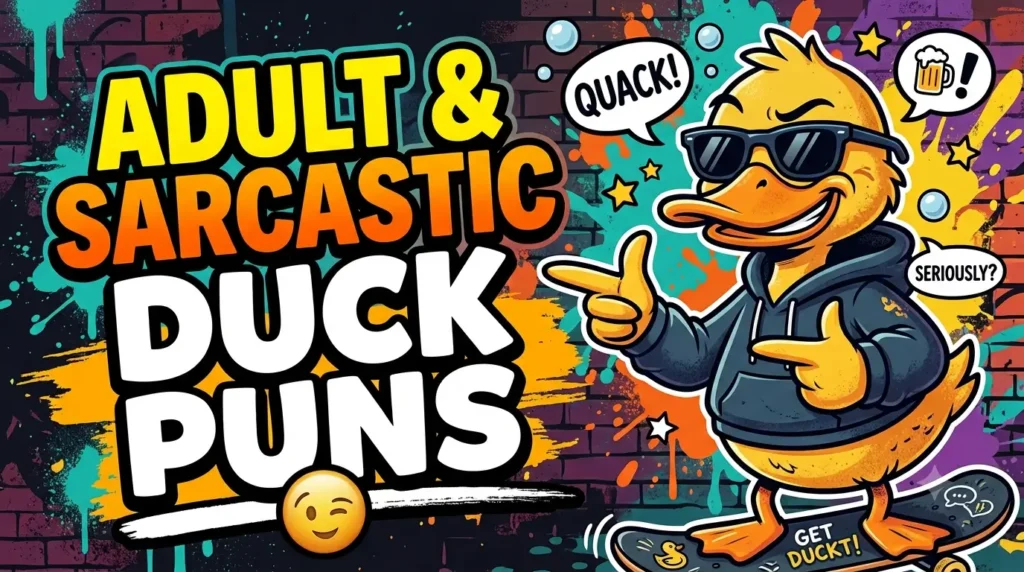 A witty hand-painted wooden sign reading Adult and Sarcastic Duck Puns 😉 surrounded by sleek coffee mugs, cheeky symbols, and a laid-back, sassy duck.