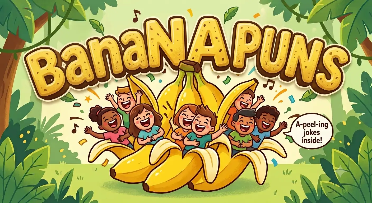 A vibrant digital illustration of cartoon bananas splitting open, with laughing characters inside and confetti bursting out.