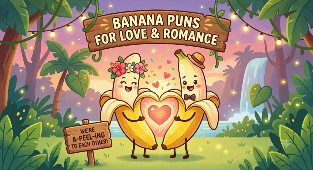 A cheerful, romantic digital illustration of two anthropomorphic banana puns whose peels form a shared glowing heart, below a banner for romance.