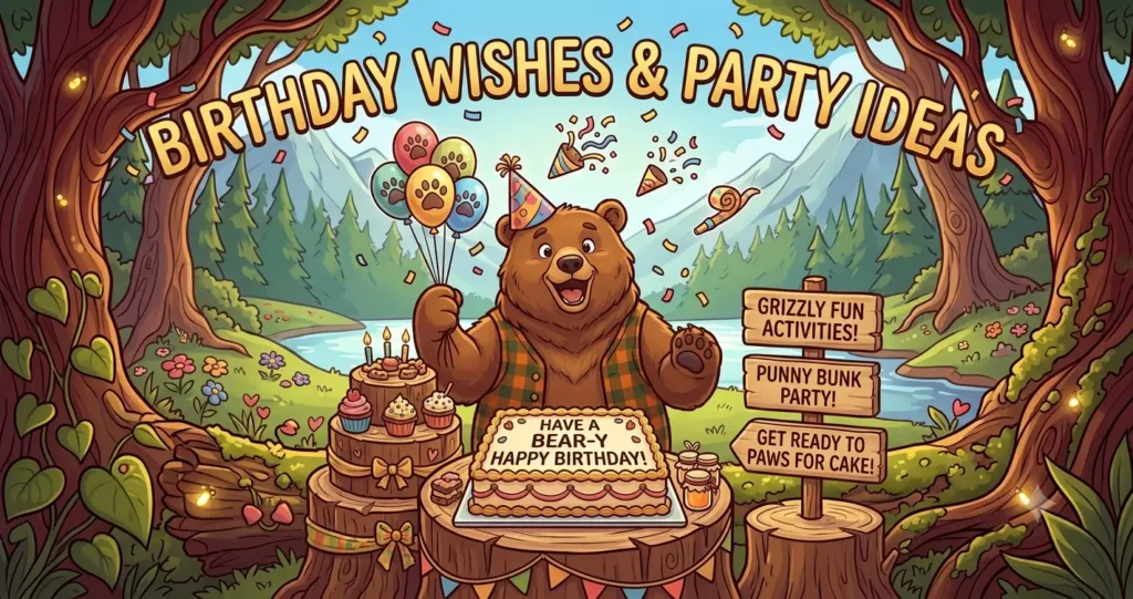 An illustration of a cartoon bear in a plaid vest at a birthday party in a forest, holding a paw-print balloon and standing next to a birthday cake. A wooden sign reads "GRIZZLY FUN ACTIVITIES!" and "GET READY TO PAWS FOR CAKE!". Text at the top says "BIRTHDAY WISHES & PARTY IDEAS".