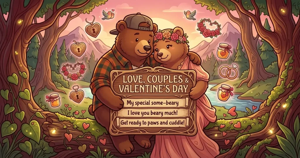 An artistic illustration of a bear's paws holding a carved wooden sign that reads "LOVE, COUPLES & VALENTINE’S DAY" in a forest setting.