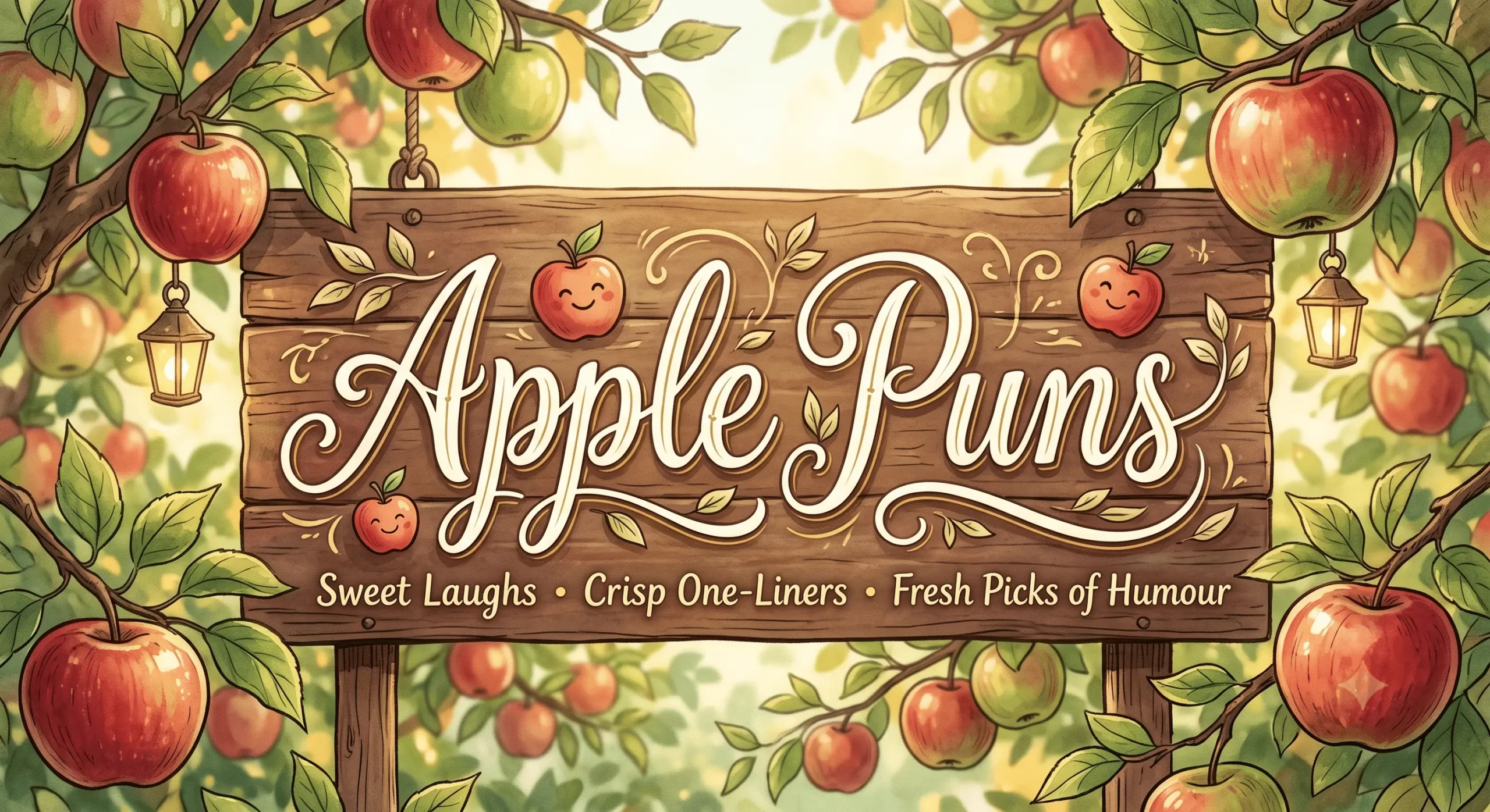 A beautifully rustic sign displaying the words Apple Puns, surrounded by fresh-picked sweet apples in a sunny autumn harvest orchard.