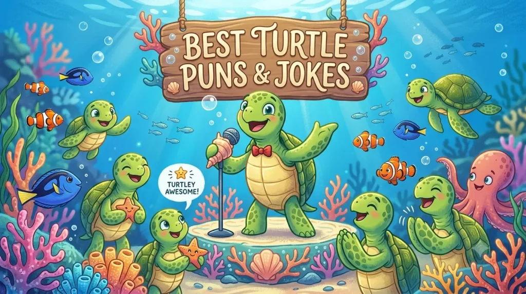 Cheerful underwater cartoon illustration of a sea turtle comedian telling puns and jokes to an audience of fish and other turtles. Ornate sign above reads BEST TURTLE PUNS & JOKES