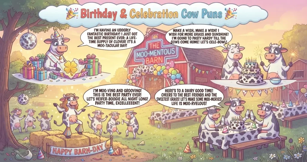 Cartoon illustration of anthropomorphic cows celebrating birthdays and parties outside 'The Moo-mentous Barn' with cake, presents, and funny speech bubble puns.