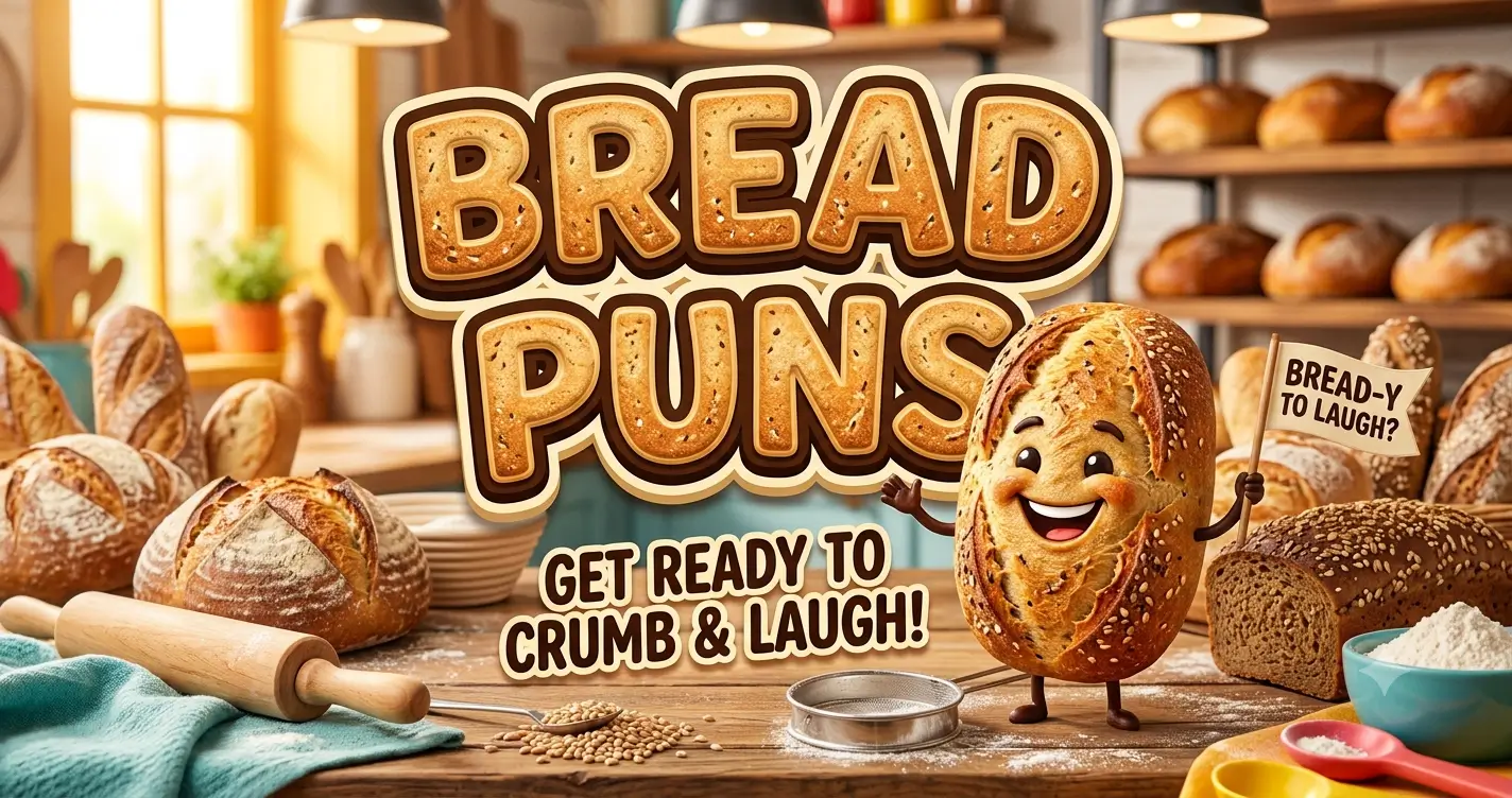 A vibrant bakery setting featuring various fresh loaves of bread and the large text BREAD PUNS with a cartoon bread loaf character holding a flag.