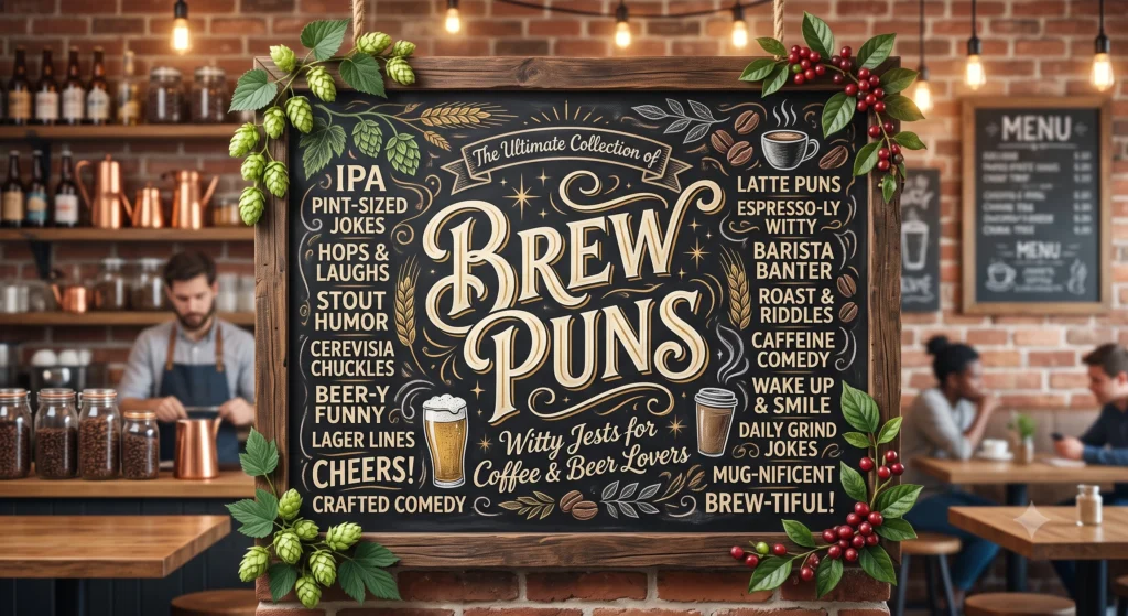 A rustic wooden chalkboard sign in a cozy cafe displaying the words Brew Puns, surrounded by illustrations of coffee beans, green hops, and various beverage jokes.