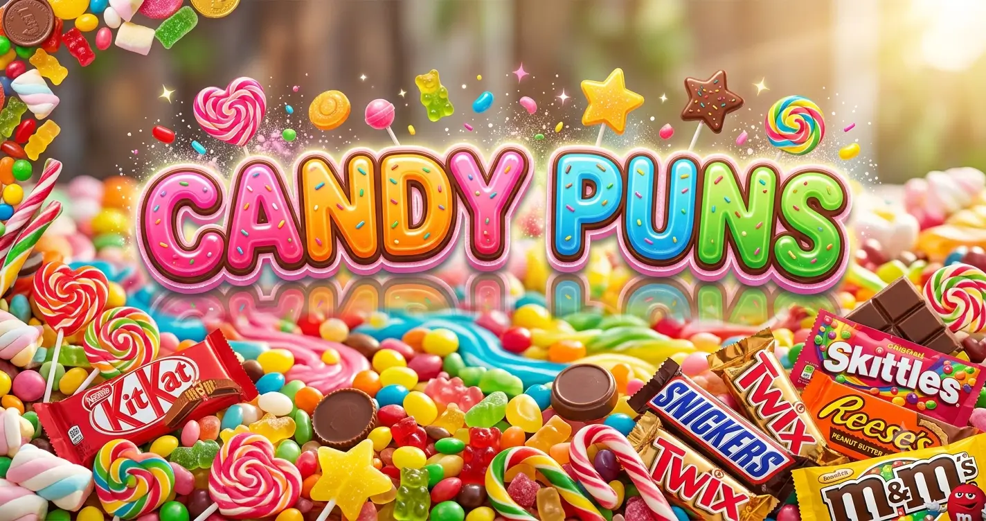 Candy Puns text surrounded by colorful candies, lollipops, gummies, and popular chocolate bars