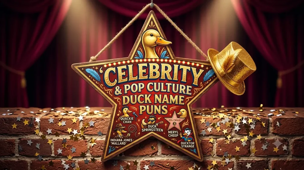 Hand-painted gold and blue Hollywood star sign reading Celebrity and Pop Culture Duck Name Puns with cartoon celebrity duck vignettes on a brick wall.