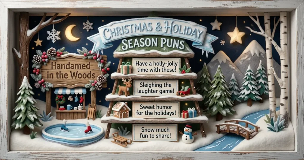 A cozy winter shadowbox diorama featuring felt crafts, a frozen ice-skating pond, snowy pine trees, and a wooden ladder display reading 'CHRISTMAS & HOLIDAY SEASON PUNS'.