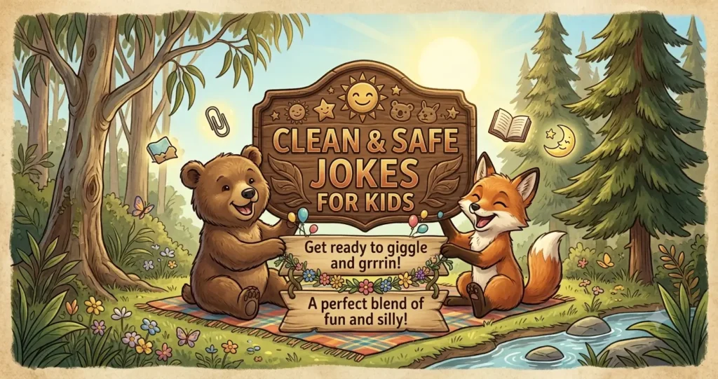 A storybook illustration of a cheerful bear cub and a happy fox sitting on a picnic blanket in a forest, holding a carved wooden sign that reads "CLEAN & SAFE JOKES FOR KIDS".