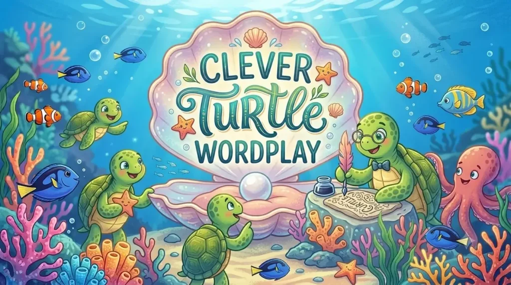 Cheerful cartoon illustration, in the style of image_15.png, featuring a clever, bespectacled sea turtle presenter with a bow tie, standing in a vibrant coral reef, presenting a sign that reads 'CLEVER TURTLE WORDPLAY' surrounded by diverse fish and corals.