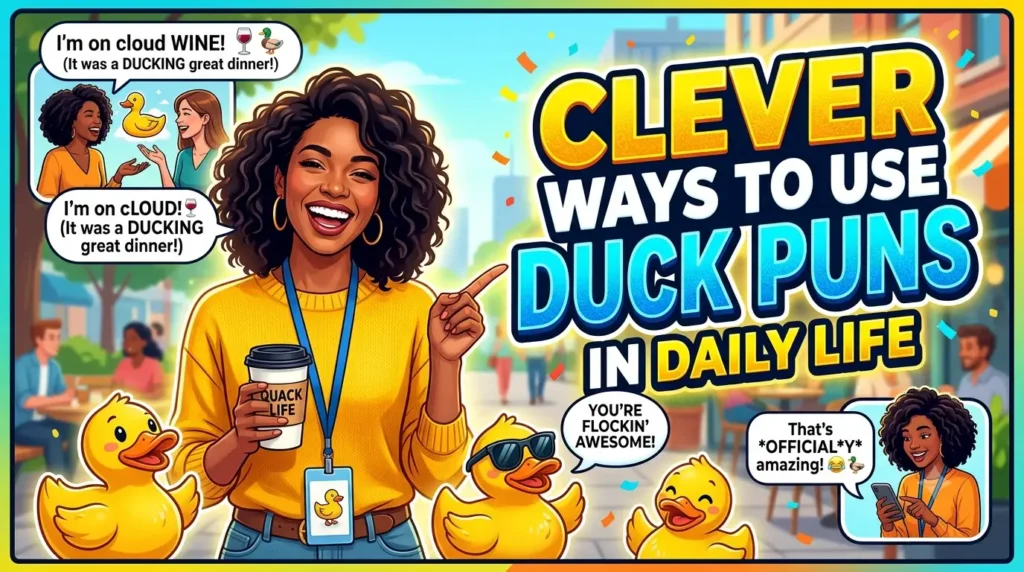 A creative hand-painted wooden sign reading Clever Ways to Use Duck Puns in Daily Life surrounded by sticky notes, a coffee cup, and a smiling duck holding a pen.