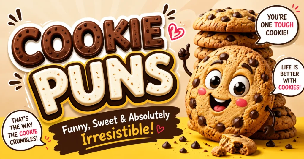 Freshly baked chocolate chip cookies on a tray with the text Cookie Puns 350+ Hilarious Jokes and Captions.