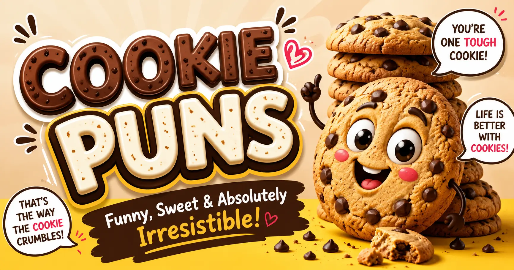 Freshly baked chocolate chip cookies on a tray with the text Cookie Puns 350+ Hilarious Jokes and Captions.