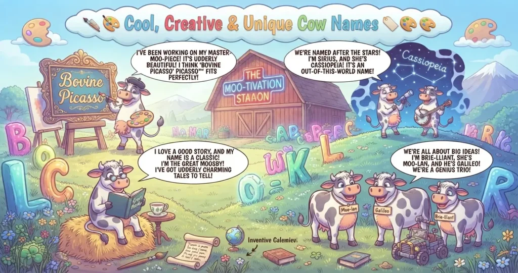 Cartoon illustration of anthropomorphic cows with creative names like 'Bovine Picasso', 'Cassiopeia', 'The Great Moosby', 'Moo-lan', 'Galileo', and 'Brie-lliant' in a whimsical farm setting.