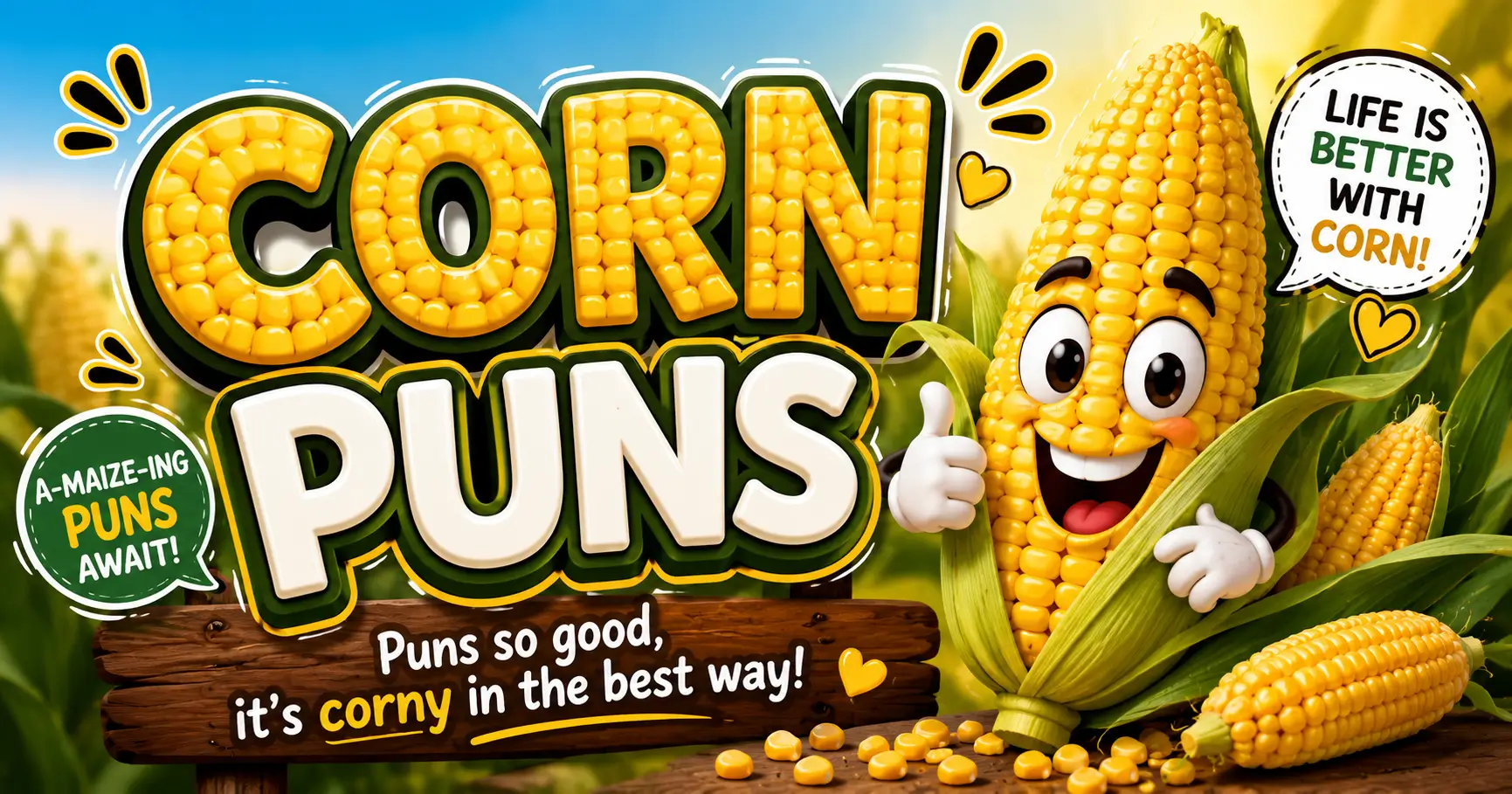 A cheerful cartoon corn cob character standing in a sunny cornfield. Large text above reads 'CORN PUNS' and a subtitle highlights '300+ HILARIOUS JOKES! FOR KIDS, INSTAGRAM & LOVERS'.