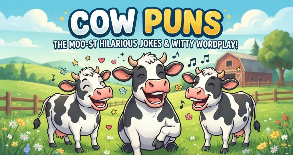 Cartoon illustration of happy cows laughing in a sunny pasture with the text Cow Puns