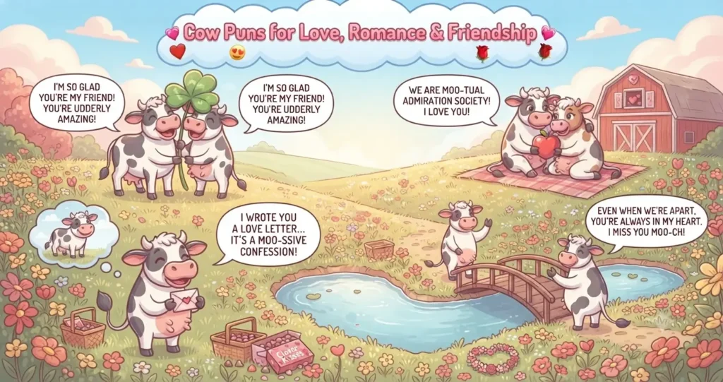 Cartoon illustration of several cows in a wildflower meadow sharing affectionate puns like "Udderly Amazing" and "Moo-tual Admiration."
