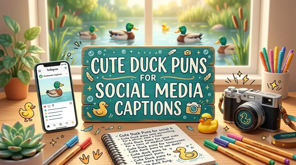 Hand-painted teal wooden sign reading Cute Duck Puns for Social Media Captions surrounded by a smartphone, camera, notebook, and small rubber ducks on a desk.