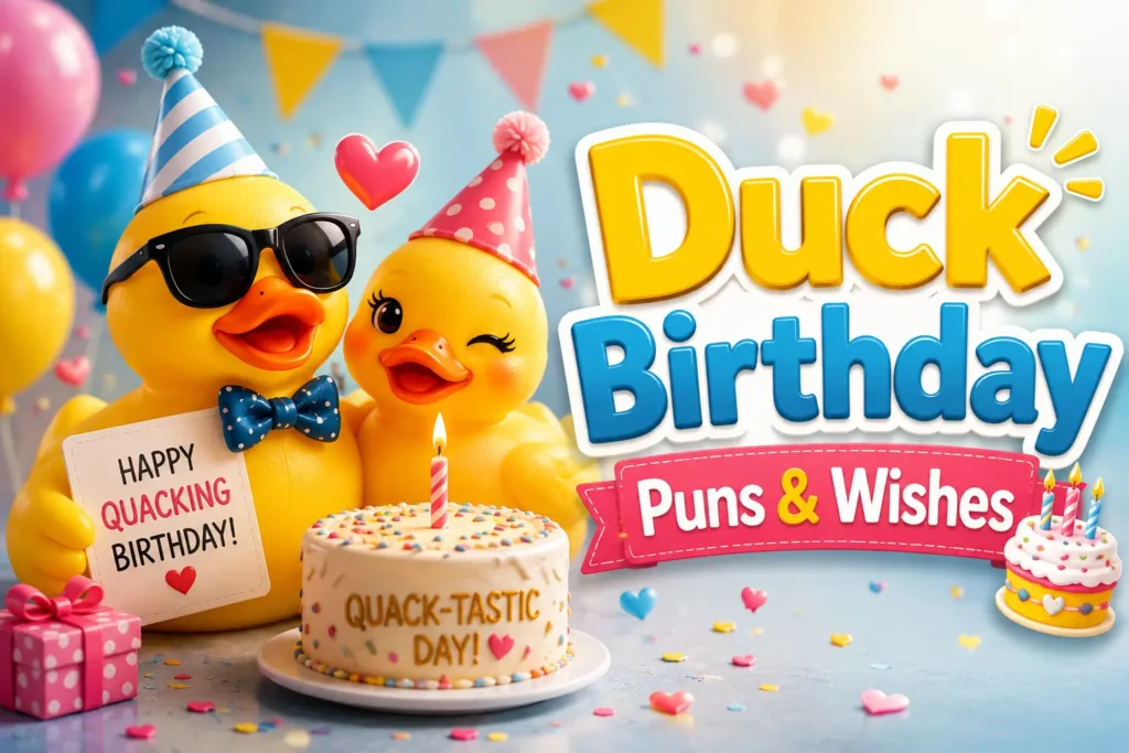 A festive hand-painted wooden sign reading Duck Birthday Puns and Wishes 🎂 decorated with colorful balloons, party hats, and a cute birthday duck.