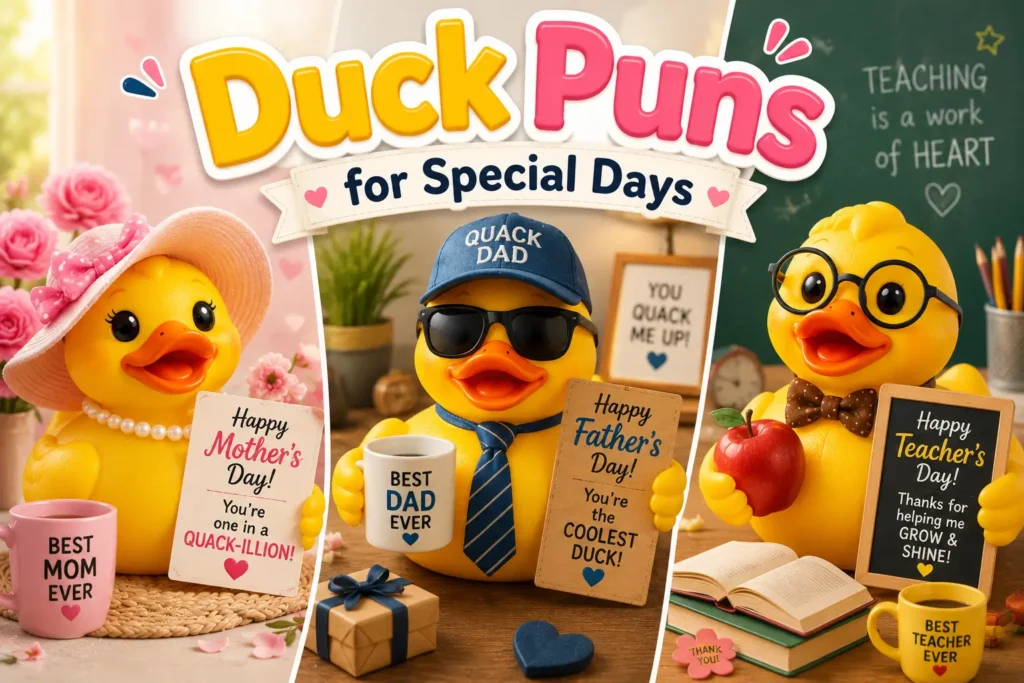 A warm, hand-painted wooden sign reading Duck Puns for Special Days including Mother's Day, Father's Day, and Teacher's Day surrounded by flowers and a graduation cap.
