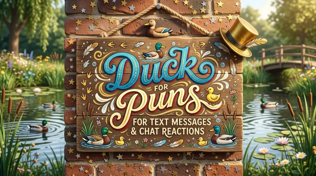 A hand-painted wooden sign reading Duck Puns for Text Messages and Chat Reactions, with small cartoon ducks and feathers, hanging on a brick wall with confetti.
