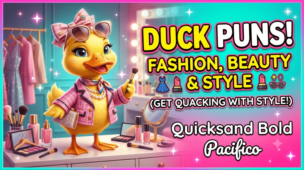 A stylish hand-painted wooden sign reading Fashion, Beauty, and Style Duck Puns 👗 surrounded by glamorous accessories, sunglasses, and a fashionable duck model.