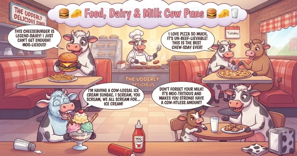 Cartoon illustration of multiple anthropomorphic cows in a 'The Udderly Delicious Diner' sharing food and dairy puns over burgers, pizza, and milk.