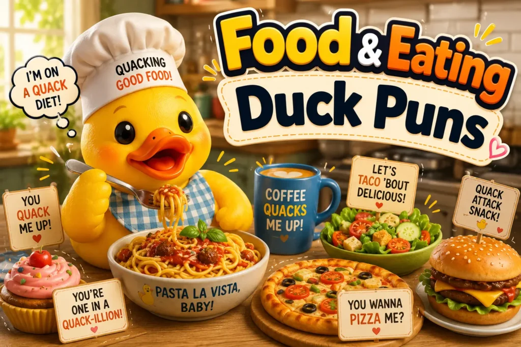 A playful hand-painted wooden sign reading Food and Eating Duck Puns 🍴 surrounded by delicious meal items and cute cartoon ducks.
