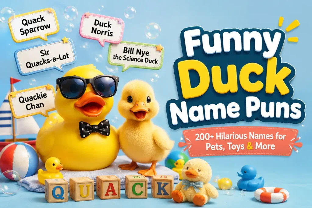 Acrylic desk sign displaying Funny Duck Name Puns for Pets and Toys beside a cute duckling and yellow rubber duck.