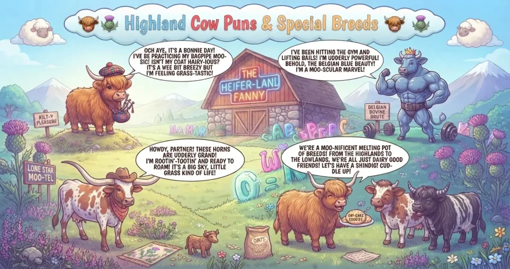 Cartoon illustration of various cattle breeds including a fluffy Highland cow with a tam o' shanter hat and bagpipes, a muscular Belgian Blue bull, and a Texas Longhorn with a cowboy hat in a scenic pasture.