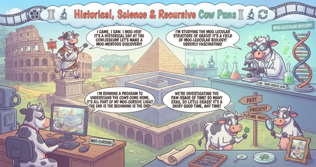 Cartoon illustration of anthropomorphic cows in historical and scientific settings, including a Roman Coliseum, a science lab with a microscope and DNA, and a computer programmer, all featuring clever cow puns.