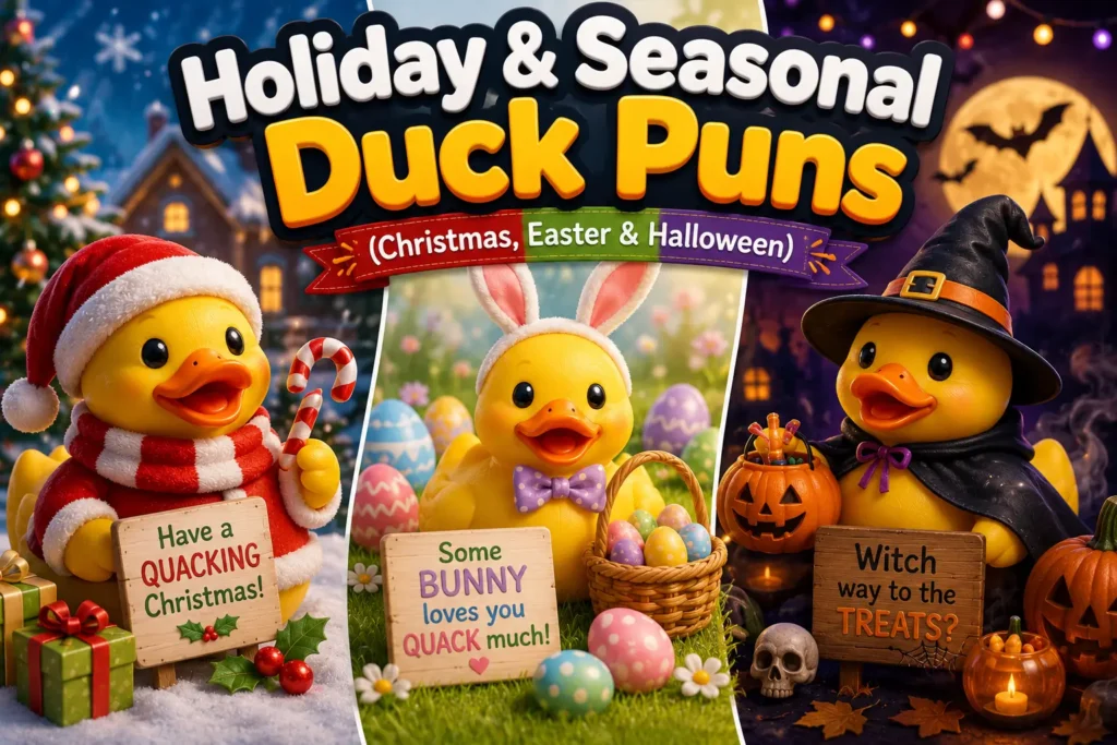 A festive hand-painted wooden sign reading Holiday and Seasonal Duck Puns for Christmas, Easter, and Halloween 🎁 surrounded by seasonal holiday icons.