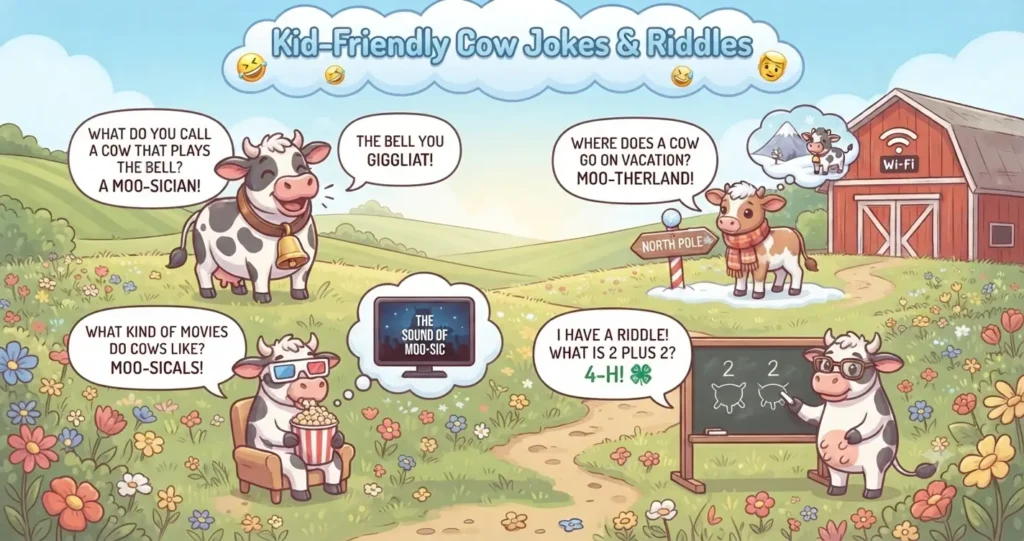 Cartoon illustration of four different scenes featuring happy cows acting out kid-friendly jokes and riddles in a vibrant farm meadow.