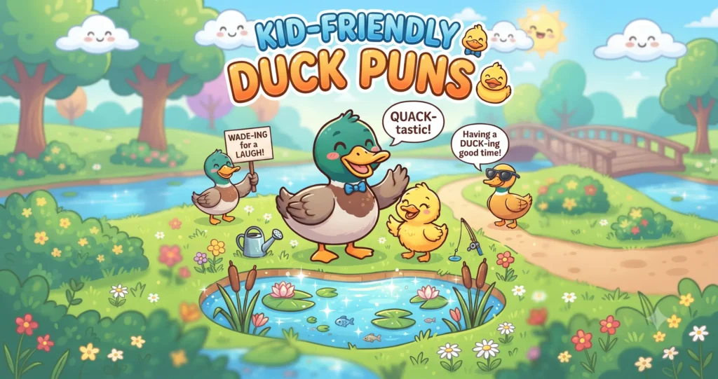 A playful, colorful hand-painted wooden sign reading Kid-Friendly Duck Puns 🧒 surrounded by cheerful toys, crayons, and happy cartoon ducklings.