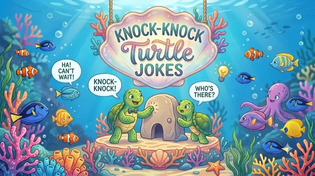 A cheerful underwater cartoon illustration, matching the style of image_15.png, featuring two sea turtles at a coral stage. One turtle is knocking on a rock door structure with a thought bubble saying 'KNOCK-KNOCK!', and a second turtle has a thought bubble saying 'WHO'S THERE?'. A prominent carved clam-shell sign reads 'KNOCK-KNOCK TURTLE JOKES'. The scene is surrounded by colorful coral and various fish.