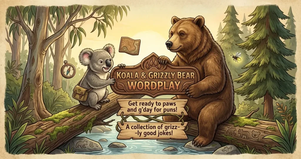 An illustration of a koala and a grizzly bear side-by-side in a forest setting, holding a wooden carved sign that reads 'KOALA & GRIZZLY BEAR WORDPLAY'.