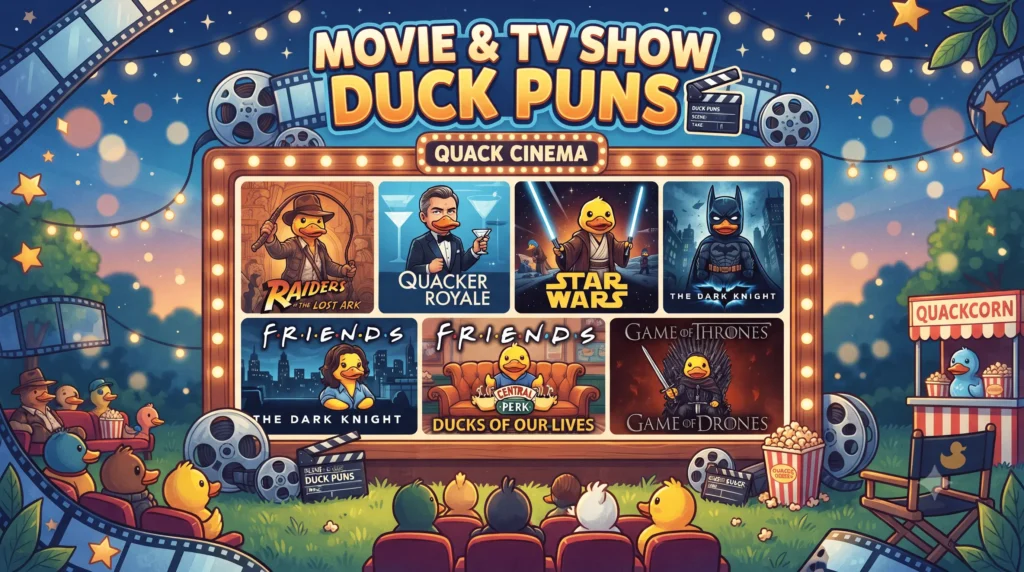 A cinematic hand-painted wooden sign reading Movie and TV Show Duck Puns 🎬 surrounded by a film reel, popcorn, a clapperboard, and star-studded ducks.