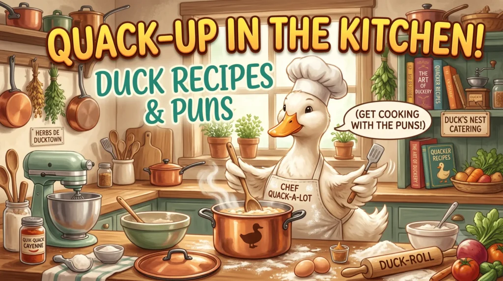 A rhythmic hand-painted wooden sign reading Music, Songs, and Band Duck Puns 🎵 surrounded by musical notes, a microphone, and cute rockstar ducks.