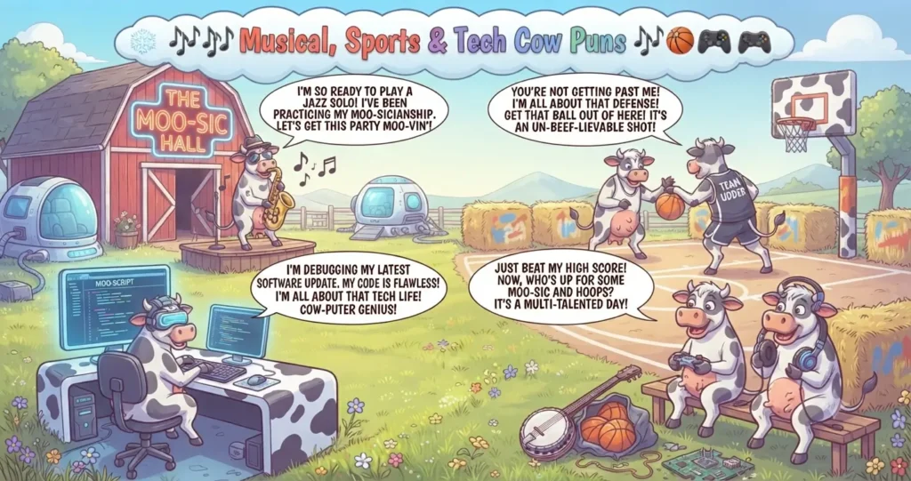 Cartoon illustration of anthropomorphic cows engaging in music, sports, and technology activities with speech bubbles featuring cow-themed puns.