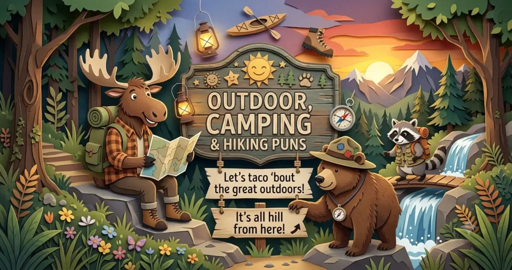 A paper-cut style illustration of a moose with a map, a bear wearing a ranger hat, and a raccoon on a bridge, surrounding a wooden sign that reads 'OUTDOOR, CAMPING & HIKING PUNS'.
