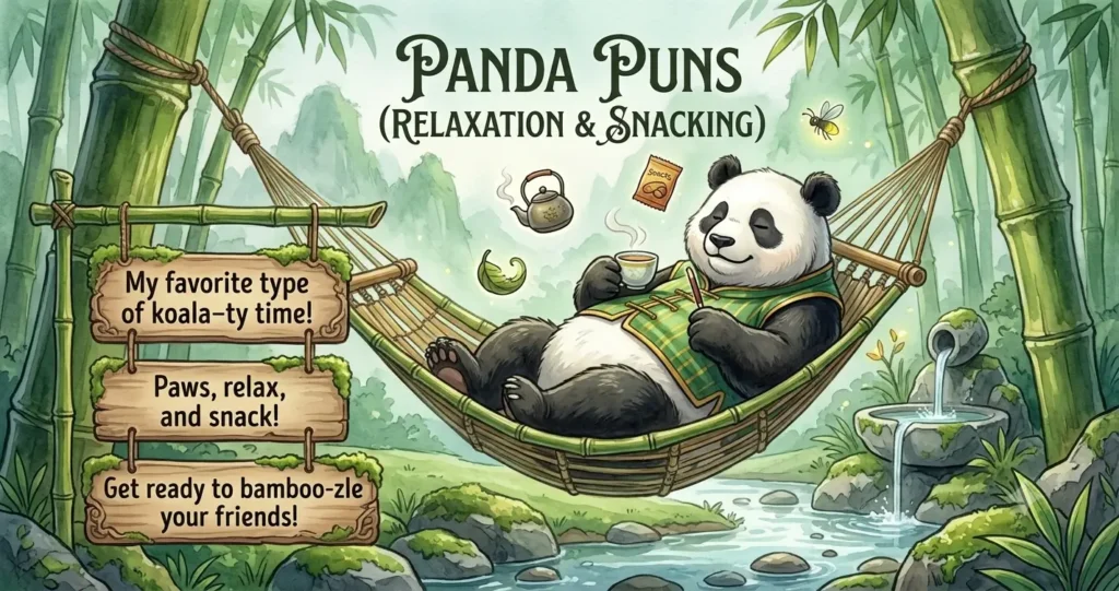 An illustration of a relaxed panda in a hammock within a bamboo garden, holding a teacup and surrounded by floating mindfulness icons like a kettle and snack packet, with a sign reading 'Panda Puns (Relaxation & Snacking)'. Includes magnifying glass details of the vest and sign.