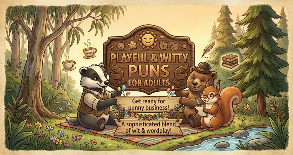 An illustration of woodland animals in refined clothing—a badger in a vest, a bear in a bowler hat, and a squirrel with glasses—gathered around a sign reading 'PLAYFUL & WITTY PUNS FOR ADULTS'.