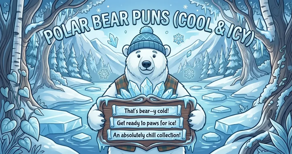 An illustration of a polar bear in a beanie holding a wooden sign that says "Polar Bear Puns (Cool & Icy)". It is in a snowy forest with ice in a river and mountains in the background.
