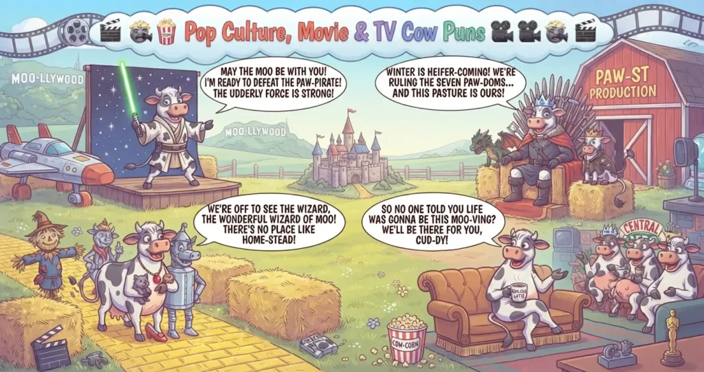 Cartoon illustration of anthropomorphic cows parodying famous pop culture movies and TV shows like Star Wars, Game of Thrones, The Wizard of Oz, and Friends, with speech bubbles featuring clever cow puns.