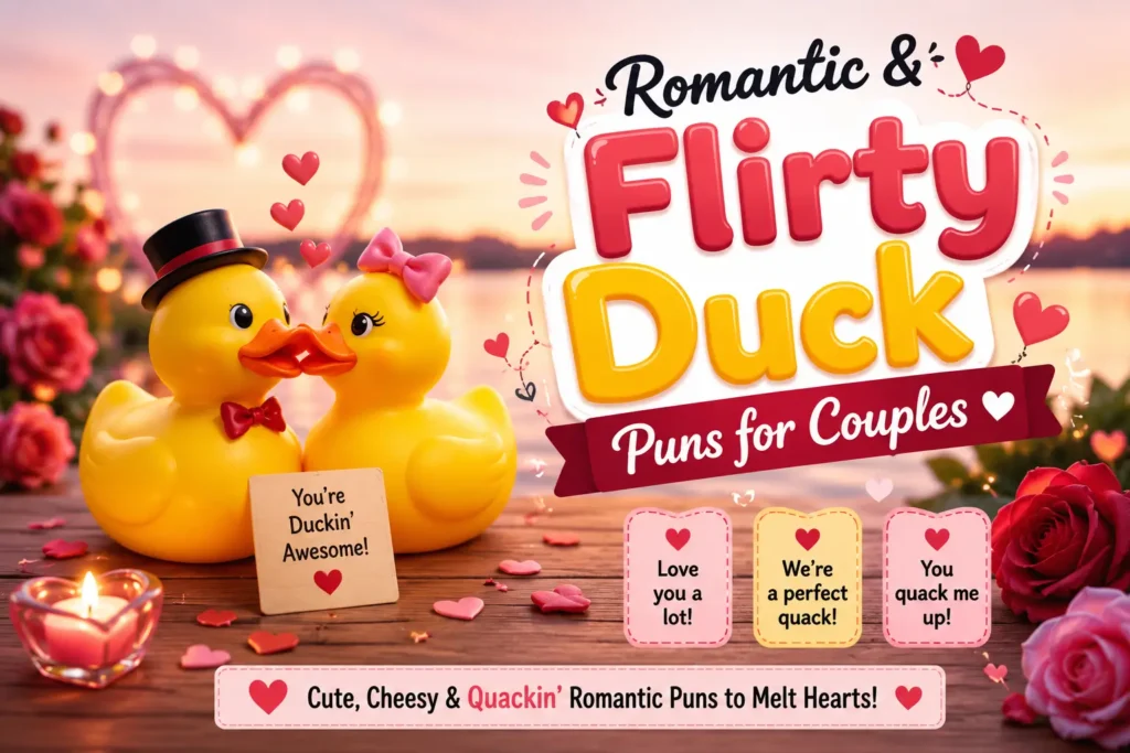A romantic hand-painted wooden sign reading Romantic and Flirty Duck Puns for Couples ❤️ decorated with tiny hearts and floating love ducks on a pond.