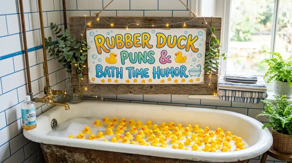 Hand-painted wooden sign reading Rubber Duck Puns and Bath Time Humor 🛁 hanging above a clawfoot bathtub overflowing with floating yellow rubber ducks.