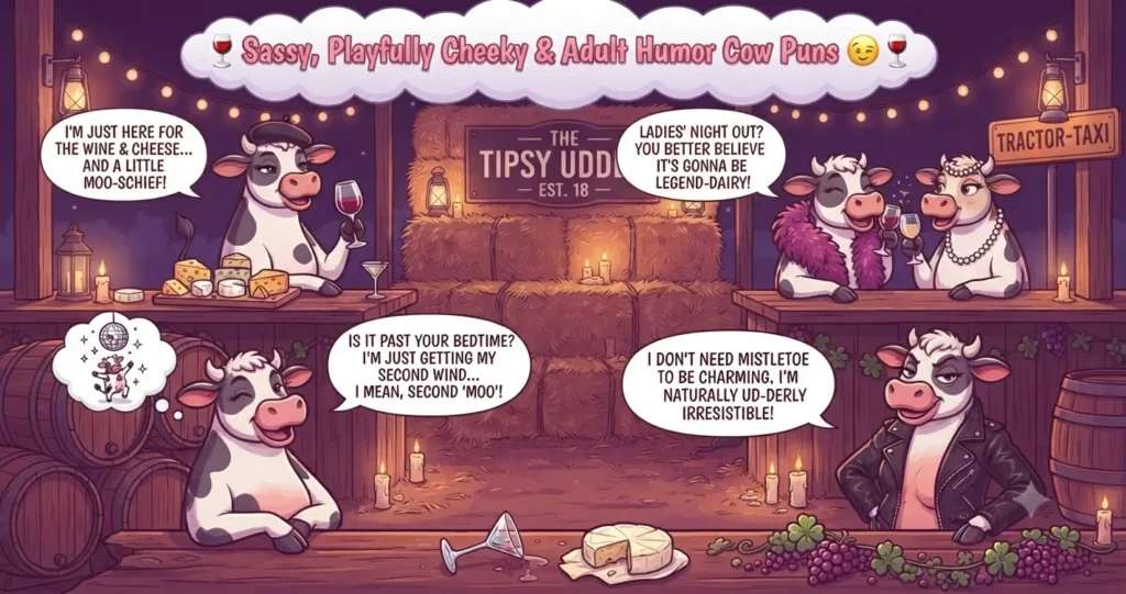 Cartoon illustration of four stylish, anthropomorphic cows at a farm-themed bar called 'The Tipsy Udder', sharing sassy adult-oriented puns over wine and cheese.