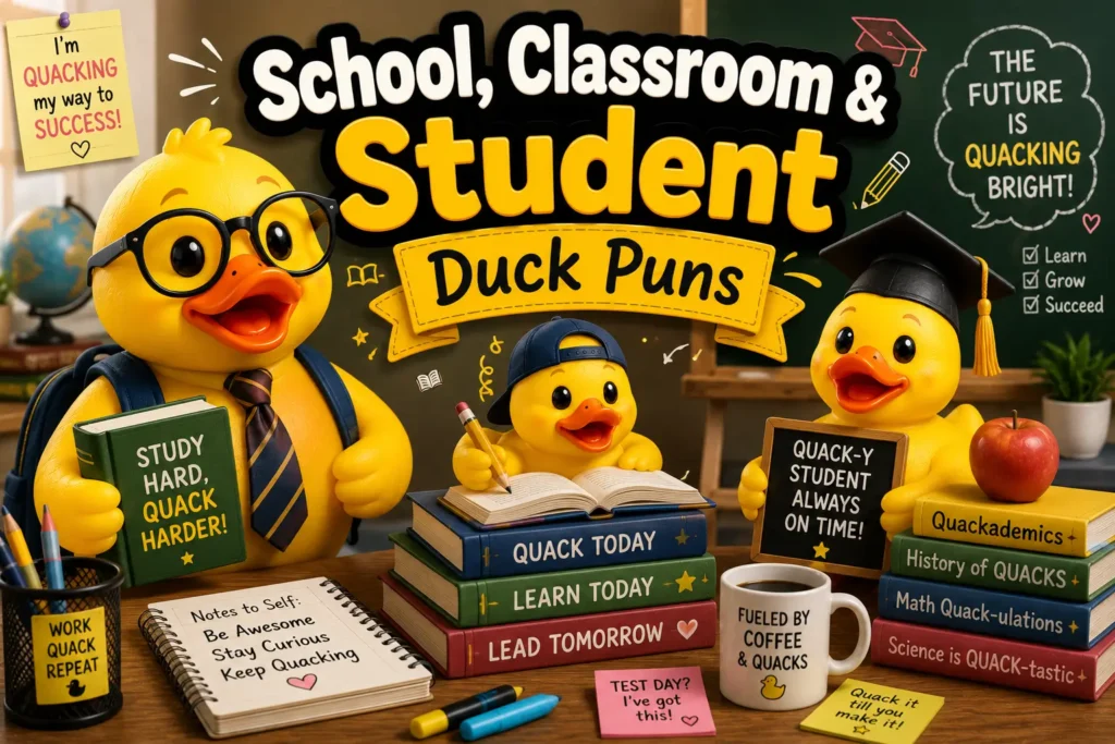 A playful hand-painted wooden sign reading School, Classroom, and Student Duck Puns 📚 surrounded by books, pencils, and a cute graduation duck.
